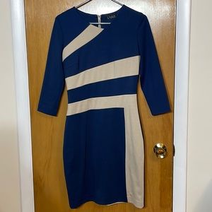Liola Womens 38 Small Blue and Tan Color Blocked Dress Mid Length Sleeves